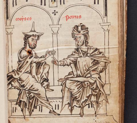 De Jood Mozes en de Christen Petrus debatteren. Pentekening op de eerste pagina van het handschrift (AGSB, Ms. 26/91, fol. 1r) © stad Brugge