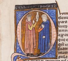 Galenus houdt een urinestaal omhoog. Hij is in gesprek met Hippocrates. (Ms. 93/61, fol. 19r) © stad Brugge