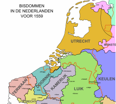 Kaart van de bisdommen in het grondgebied van het moderne België en Nederland voor 1559 © Hans Erren, CC BY-SA 3.0, via Wikimedia Commons