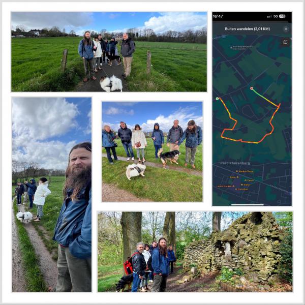 Wandelaarsnamen 4/4/24 te Kessel-Lo/Boven-Lo: Steven, Hedwig, Brigitte, Pater Ferry, Chris DG, Chris D en Jan en 2 honden: Aiko en Tiana. © Chris De Groote