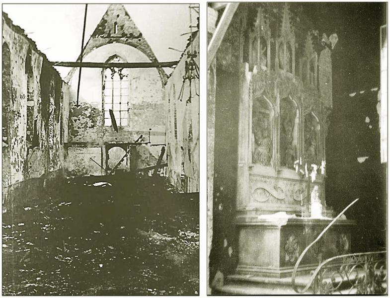 De middenbeuk en het altaar O.L.V. van Kerselare (gedeeltelijk gespaard gebleven)  