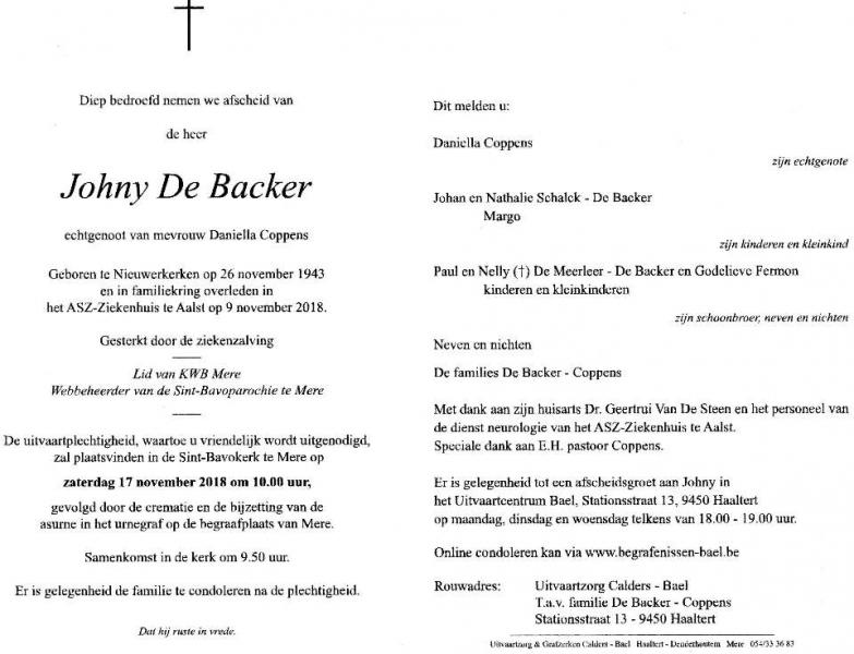 Rouwbrief Johny De Backer 