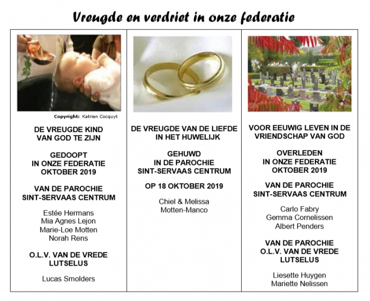 Vreugde en verdriet in onze federatie oktober 2019 