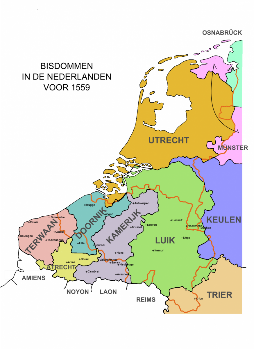 Kaart van de bisdommen in het grondgebied van het moderne België en Nederland voor 1559 © Hans Erren, CC BY-SA 3.0, via Wikimedia Commons